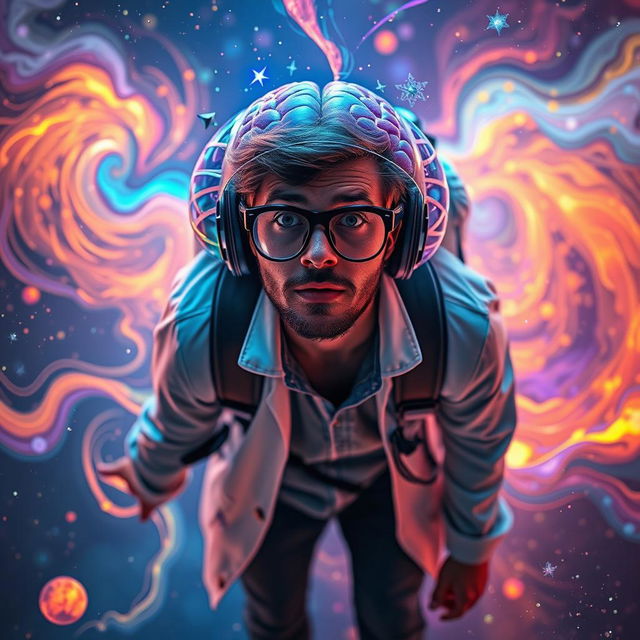 A man with a curious expression is exploring a vibrant, glowing representation of the human brain, surrounded by swirling colors and abstract shapes that symbolize thoughts and neural activities