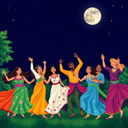 A vibrant scene depicting a diverse group of people joyfully dancing under a full moon in a clear night sky