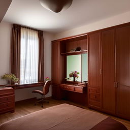 A well-proportioned room with a large window directly across a door. Furnished with a dark brown wooden bed, a matching dressing table, a cupboard, and a study table. Design the room with harmonious color combinations.