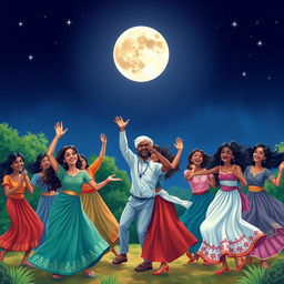 A vibrant scene depicting a diverse group of people joyfully dancing under a full moon in a clear night sky