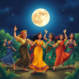 A vibrant scene depicting a diverse group of people joyfully dancing under a full moon in a clear night sky