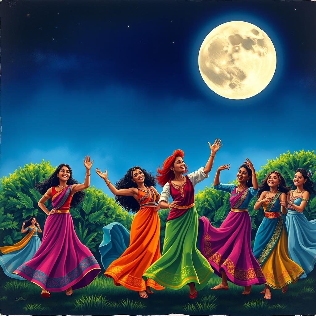 A vibrant scene depicting a diverse group of people joyfully dancing under a full moon in a clear night sky