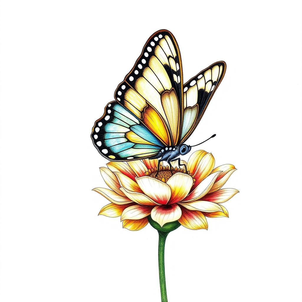 A beautifully detailed drawing of a butterfly perched gracefully on a flower