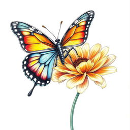 A beautifully detailed drawing of a butterfly perched gracefully on a flower