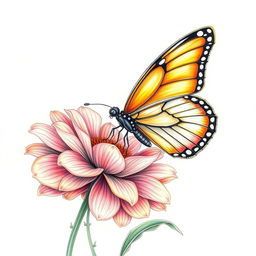 A beautifully detailed drawing of a butterfly perched gracefully on a flower