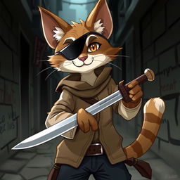 A charming brown and white tabby tabaxi rogue with an eyepatch, dressed in simple yet stylish clothing