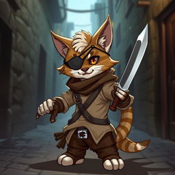 A charming brown and white tabby tabaxi rogue with an eyepatch, dressed in simple yet stylish clothing