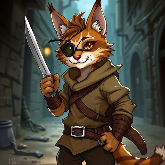 A charming brown and white tabby tabaxi rogue with an eyepatch, dressed in simple yet stylish clothing