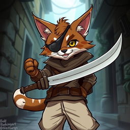 A charming brown and white tabby tabaxi rogue with an eyepatch, dressed in simple yet stylish clothing