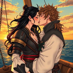 An illustration in manhwa style of a passionate couple kissing