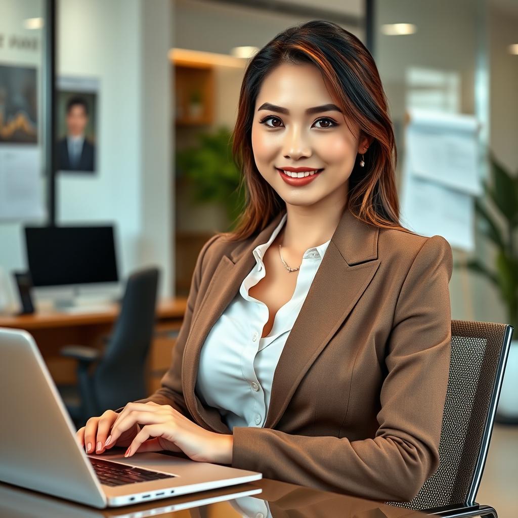 A stunning European-Japanese woman with very large breasts, dressed in a stylish office outfit suitable for an administrative role