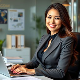 A stunning European-Japanese woman with very large breasts, dressed in a stylish office outfit suitable for an administrative role