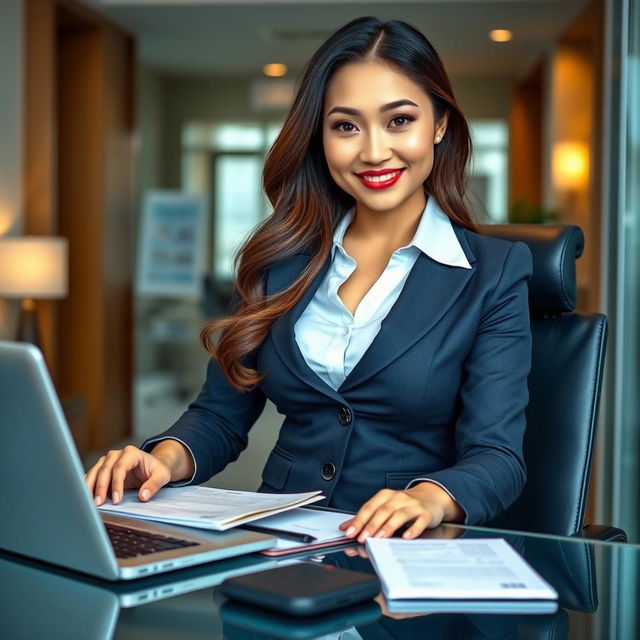 A stunning European-Japanese woman with very large breasts, dressed in a stylish office outfit suitable for an administrative role