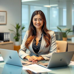 A stunning European-Japanese woman with very large breasts, dressed in a stylish office outfit suitable for an administrative role