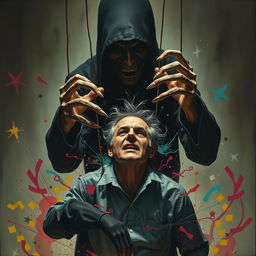 A dramatic scene depicting a man in a state of struggle as madness takes control of him, represented as a sinister puppeteer with twisted, elongated fingers, manipulating the man like a marionette