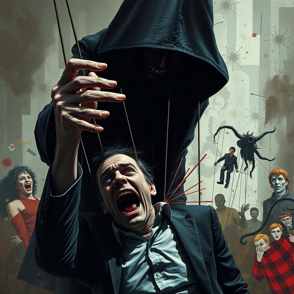 A dramatic scene depicting a man in a state of struggle as madness takes control of him, represented as a sinister puppeteer with twisted, elongated fingers, manipulating the man like a marionette