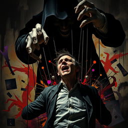 A dramatic scene depicting a man in a state of struggle as madness takes control of him, represented as a sinister puppeteer with twisted, elongated fingers, manipulating the man like a marionette