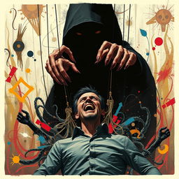 A dramatic scene depicting a man in a state of struggle as madness takes control of him, represented as a sinister puppeteer with twisted, elongated fingers, manipulating the man like a marionette