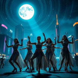 A futuristic civilization performing a ritual dance under a glowing full moon