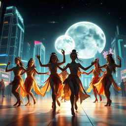 A futuristic civilization performing a ritual dance under a glowing full moon
