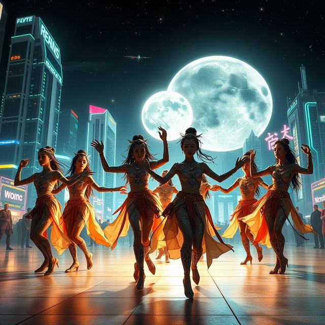 A futuristic civilization performing a ritual dance under a glowing full moon