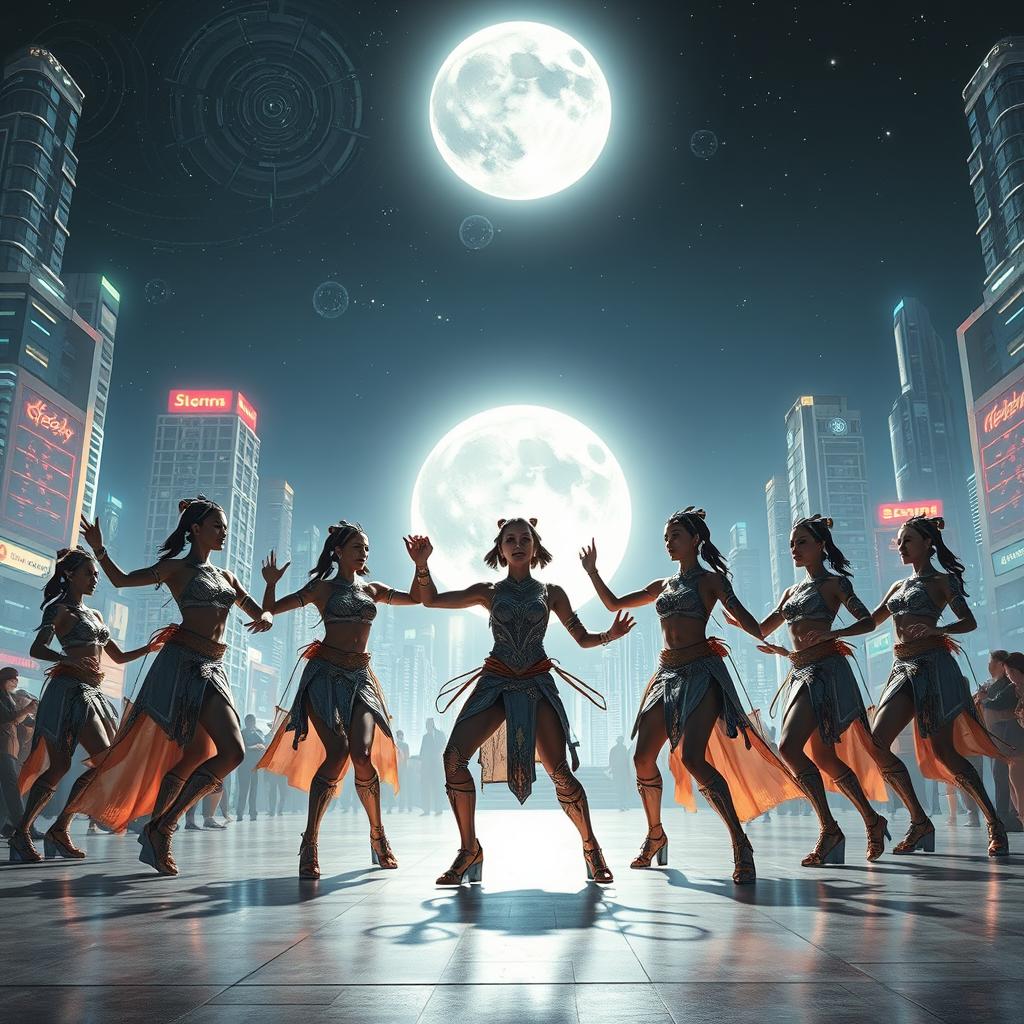 A futuristic civilization performing a ritual dance under a glowing full moon