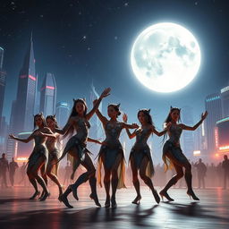 A futuristic civilization performing a ritual dance under a glowing full moon
