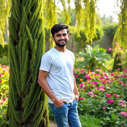 A 25-year-old Indian man standing in a lush garden, near a tall, green tree