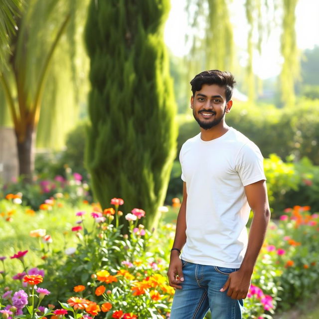 A 25-year-old Indian man standing in a lush garden, near a tall, green tree