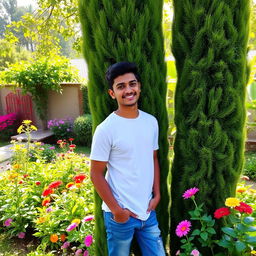 A 25-year-old Indian man standing in a lush garden, near a tall, green tree