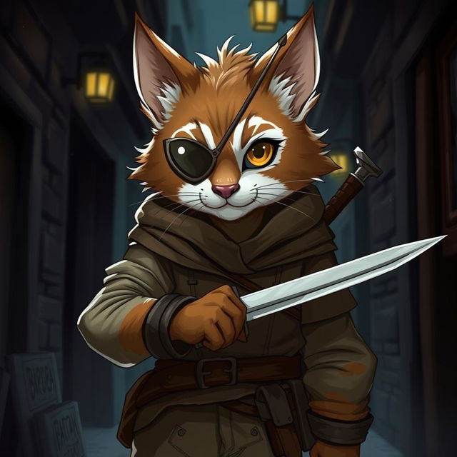 A brown and white tabby tabaxi rogue character with a stylish eyepatch, exuding charm and charisma