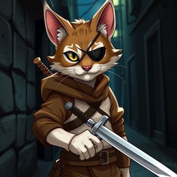 A brown and white tabby tabaxi rogue character with a stylish eyepatch, exuding charm and charisma