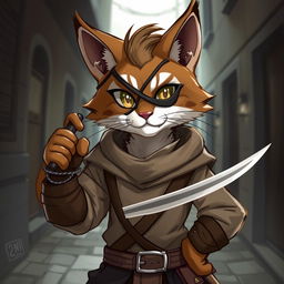 A brown and white tabby tabaxi rogue character with a stylish eyepatch, exuding charm and charisma
