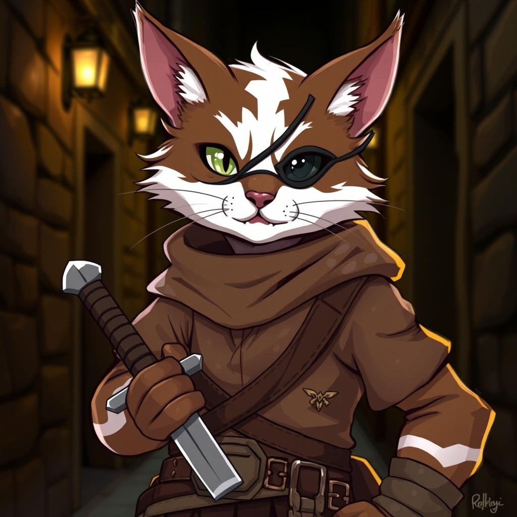 A brown and white tabby tabaxi rogue character with a stylish eyepatch, exuding charm and charisma