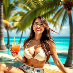 A beautiful European-Japanese woman with very large breasts, enjoying her holiday in a tropical paradise