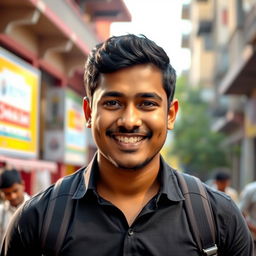A portrait of a 25-year-old Indian man, showcasing strong facial features with a warm smile