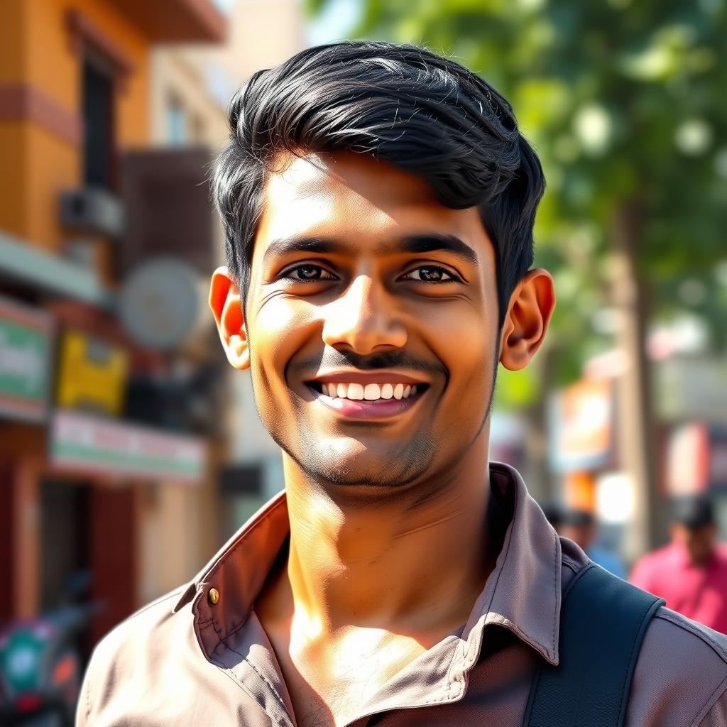 A portrait of a 25-year-old Indian man, showcasing strong facial features with a warm smile