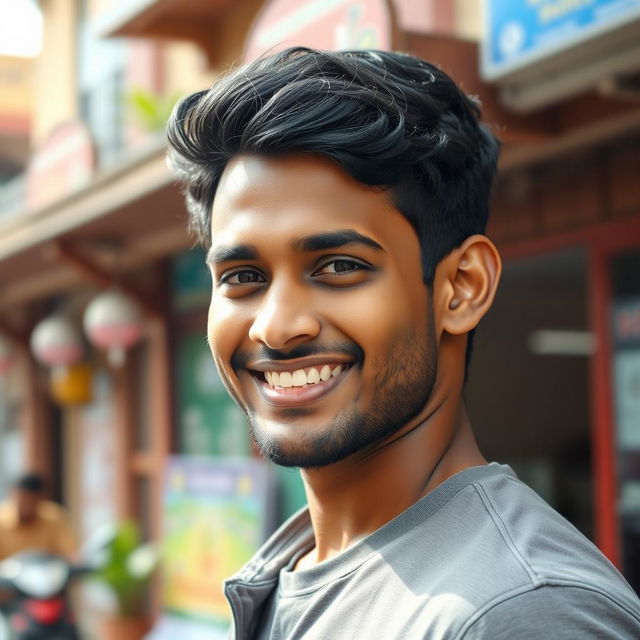 A portrait of a 25-year-old Indian man, showcasing strong facial features with a warm smile