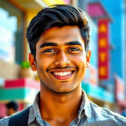 A portrait of a 25-year-old Indian man, showcasing strong facial features with a warm smile