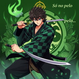 A dynamic illustration of Tanjiro from the anime Demon Slayer, depicted in a fierce yet determined pose, showcasing his signature green and black checkered haori and Nichirin blade