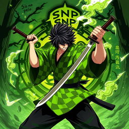 A dynamic illustration of Tanjiro from the anime Demon Slayer, depicted in a fierce yet determined pose, showcasing his signature green and black checkered haori and Nichirin blade