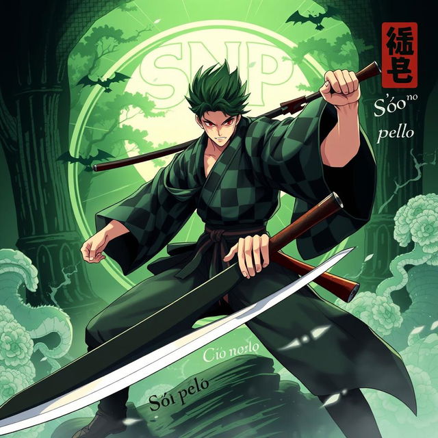 A dynamic illustration of Tanjiro from the anime Demon Slayer, depicted in a fierce yet determined pose, showcasing his signature green and black checkered haori and Nichirin blade