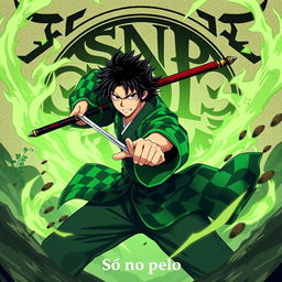 A dynamic illustration of Tanjiro from the anime Demon Slayer, depicted in a fierce yet determined pose, showcasing his signature green and black checkered haori and Nichirin blade
