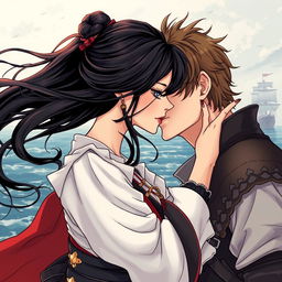 An illustration in manhwa style featuring a couple kissing
