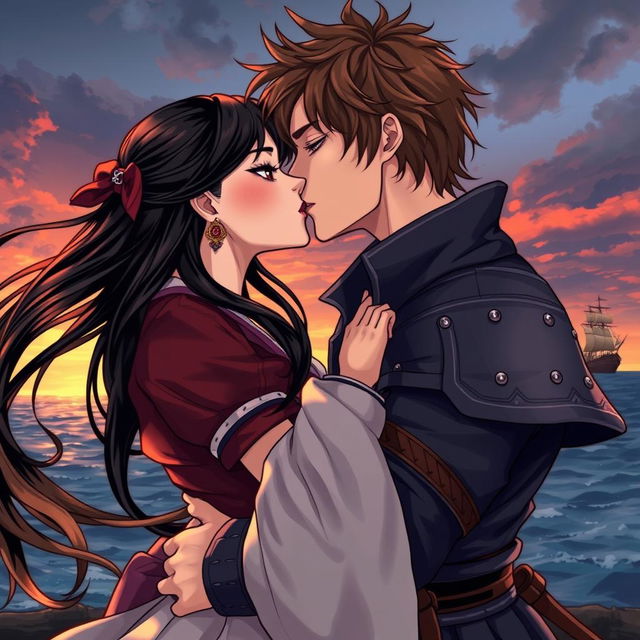 An illustration in manhwa style featuring a couple kissing