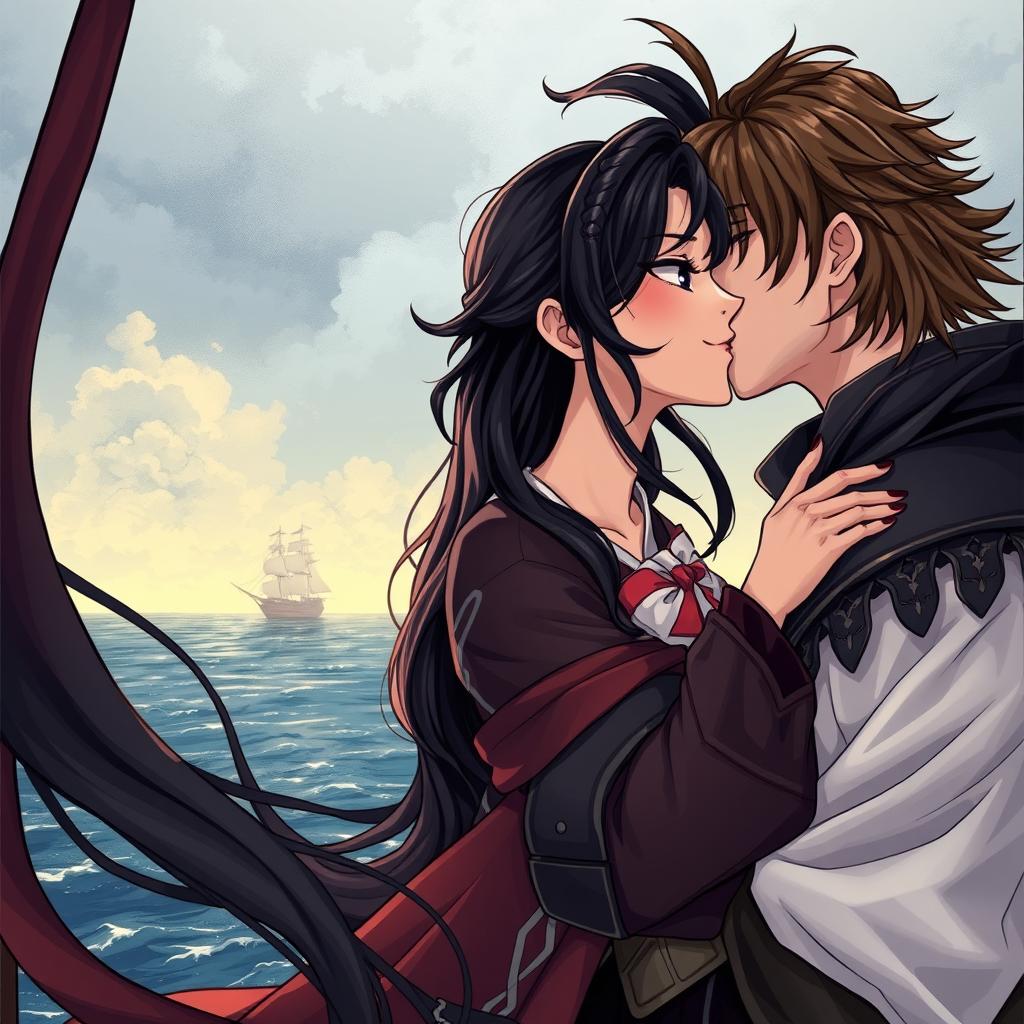 An illustration in manhwa style featuring a couple kissing