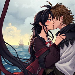 An illustration in manhwa style featuring a couple kissing