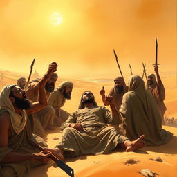 A dramatic and emotionally charged scene depicting the companions of Prophet Muhammad being tortured by the Quraysh