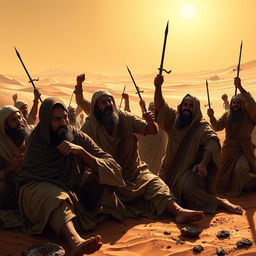 A dramatic and emotionally charged scene depicting the companions of Prophet Muhammad being tortured by the Quraysh