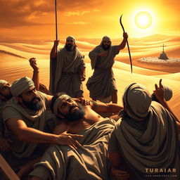 A dramatic and emotionally charged scene depicting the companions of Prophet Muhammad being tortured by the Quraysh